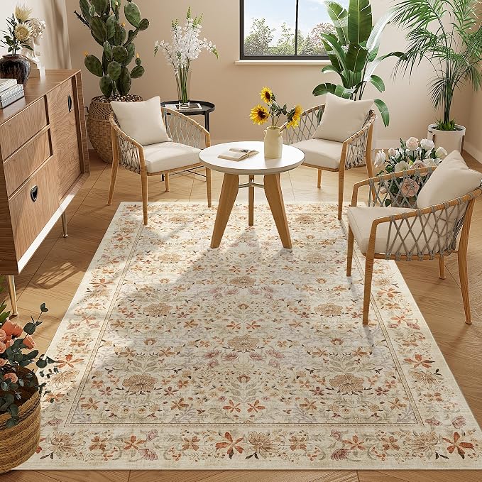 DUKINO 4x6 Rug for Living Room, Washable Vintage Floral Area Rug, Beige | Non Slip, Low Pile, Non-Shedding, Aesthetic Lightweight Soft Indoor Carpet for Bedroom Kitchen Bathroom Entryway Farmhouse