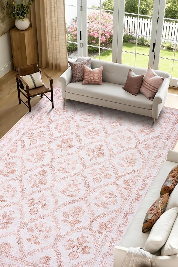 Pink Living Room Rug 5x8 Soft Boho Nursery Rug for Baby Girl, Light Blush Pink Carpet Non-Slip Faux Wool, Machine Washable Leaf Area Floral Distressed Carpet for Dining Room
