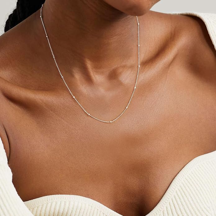 Carffordo 925 Sterling Silver Chain Necklace 16K Gold Plated Beaded Chain Necklace for Women Simple Dainty Choker Necklace Satellite Waterproof Link Necklace Trendy Jewelry Gifts