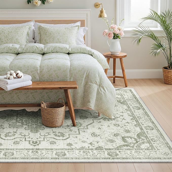 Madane 5x7 Area Rugs for Living Room, Machine Washable Vintage Green Rug with Non-Slip Backing, Soft Throw Rug, Thin Carpet for Bedroom Dining Room Farmhouse Under Table, Green/Ivory