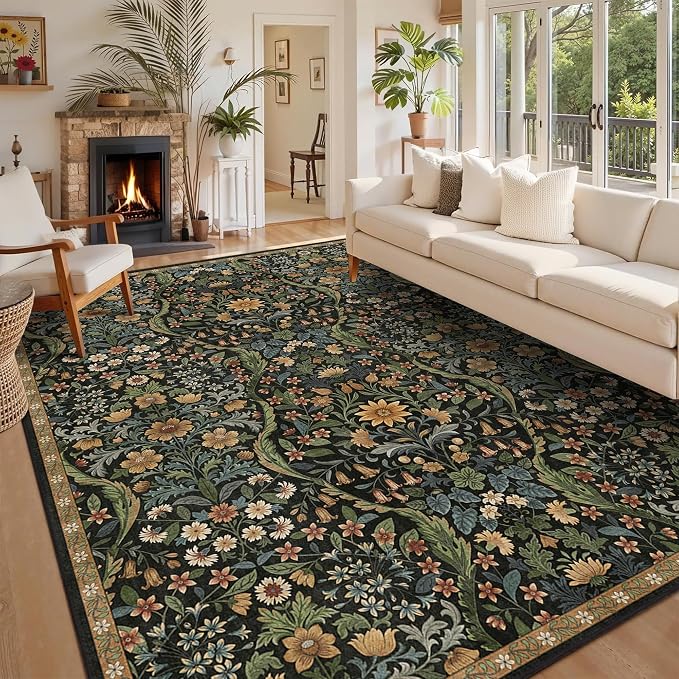9x12 Black Brown Vintage Floral Area Rug,Washable Large Boho Living Room Rugs,Botanical Print Non-Slip Stain Resistant Lightweight Carpet for Bedroom Dining Room Nursery