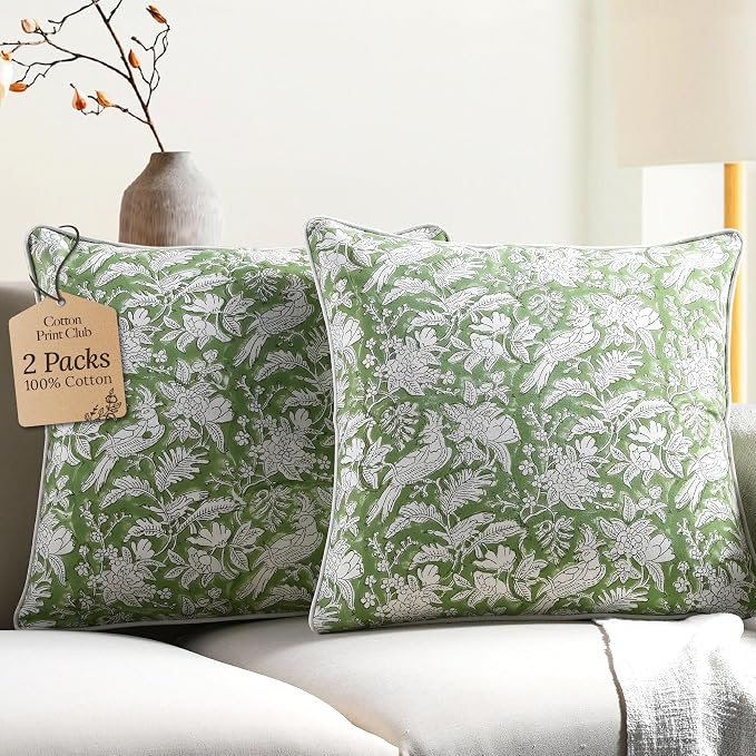 CPC 100% Cotton Throw Pillow Covers 18x18 Inch, Set of 2 Green Block Print Pattern Couch Pillow, Cute Boho Decorative Pillows for Living Room, Bedroom with Hidden Zipper- Olive Green