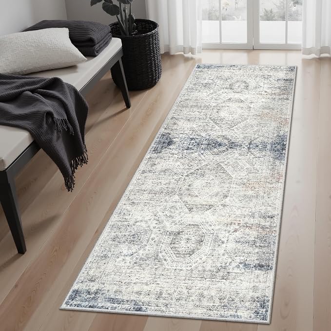 Soalmost Runner Rug 2x6 Washable Non-Slip Kitchen Runner Rugs for Bathroom Laundry Room Blue Ivory Vintage Floor Carpet Runners for Hallway Entryway
