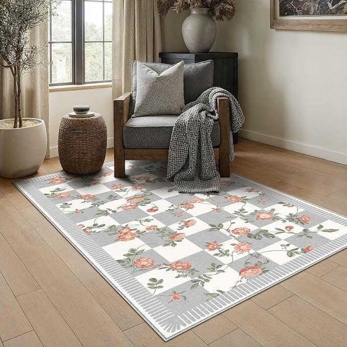 HUGEAR 3x5 Checkered Area Rugs Machine Washable Grey Living Room Rug Floral Print Non-Slip Stain Resistant Low Pile Indoor Throw Carpet for Bedroom Home Unique Aesthetic Modern Decor