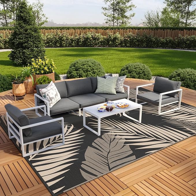 GENIMO Outdoor Rug, Waterproof Plastic Rugs 10'x14' for Camping Black Beige | Outside Larger Leaf Carpet Mat for Porch Decor, Deck, Camping, RV, Backyard, Balcony, Picnic, Beach, Reversible, Foldable