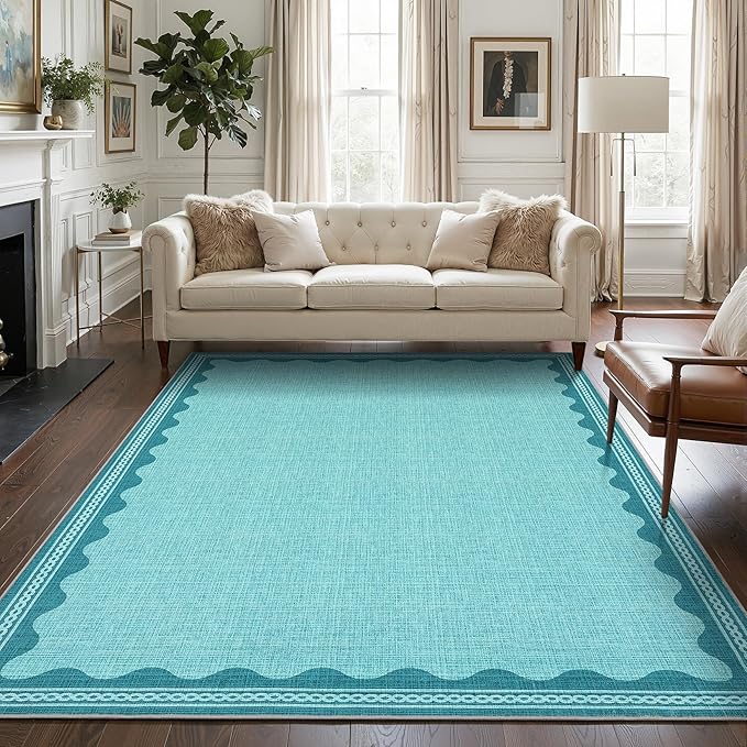 GarveeHome Scalloped Teal Washable Rugs 5x7 Rug for Living Room Solid Modern Minimalism Soft Low-Pile Carpet for Bedroom Dining Nursery Non Slip TPE Backing