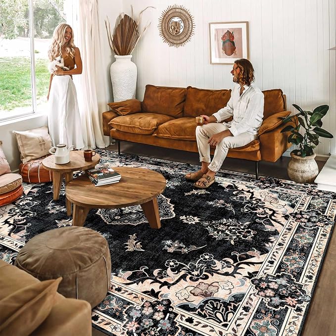 MUJOO Black Washable Rug 8x10 Area Rugs Non Slip Low-Pile Floral Large | Machine Washable Throw Carpet for Living Room Bedroom Dining Room Boho Soft Floor Indoor Vintage Bohemian Flowers