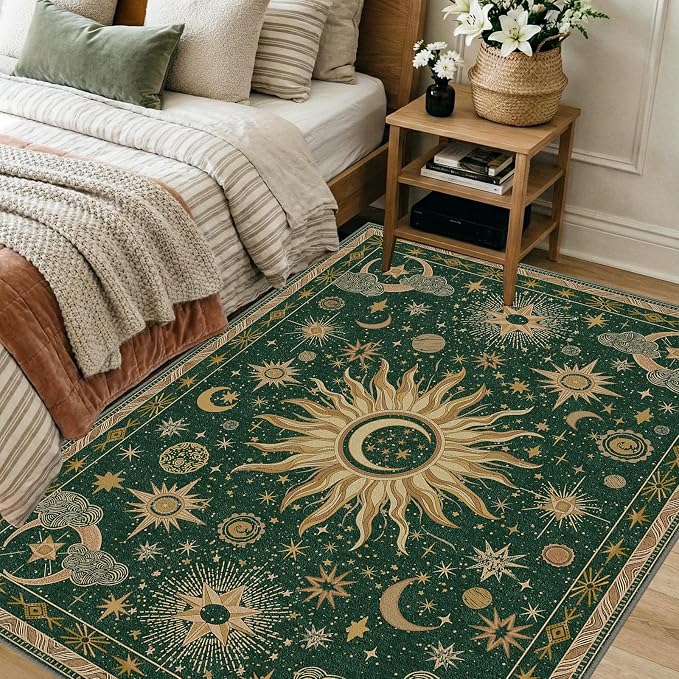 Vacuum-Friendly, 4x6 Washable Area Rug, Green Gold Yellow | Sun and Moon Boho Gothic Non-Slip Low Pile Living Roon Bedroom Dining Room Kitchen Entry Entryway Entrance Hallway Doormat