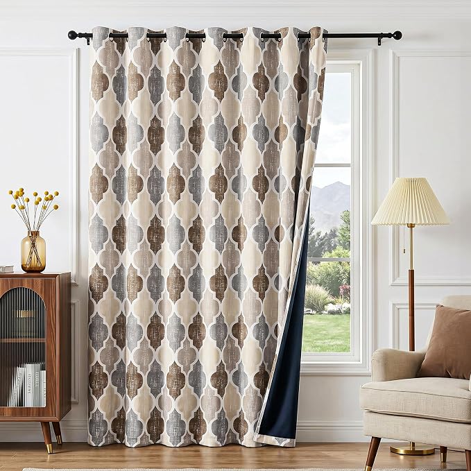 Beauoop Moroccan 100% Blackout Sliding Door Curtains Brown Grey 100x84x1 | Geometric Room Darkening Patio Curtains Extra Wide Room Divider Drapes 1 Panel Thermal Soundproof Window treatment Grommet