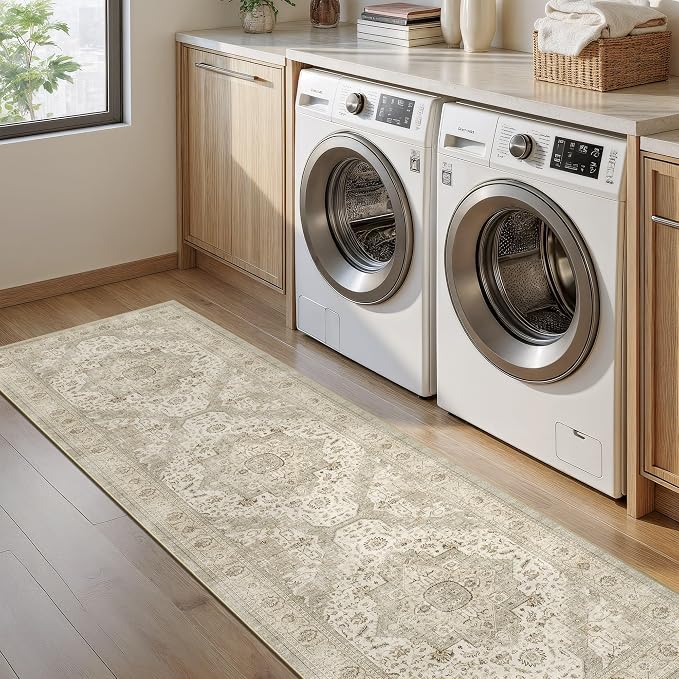 Washable 2.6x8 Hallway Runner Rug, Non Slip Kitchen Rugs Ivory/Beige | Low Pile rug, Stain Resistant, Distressed Rug Runners for Entryway, Living Room, Bedroom, Kitchen, Laundry
