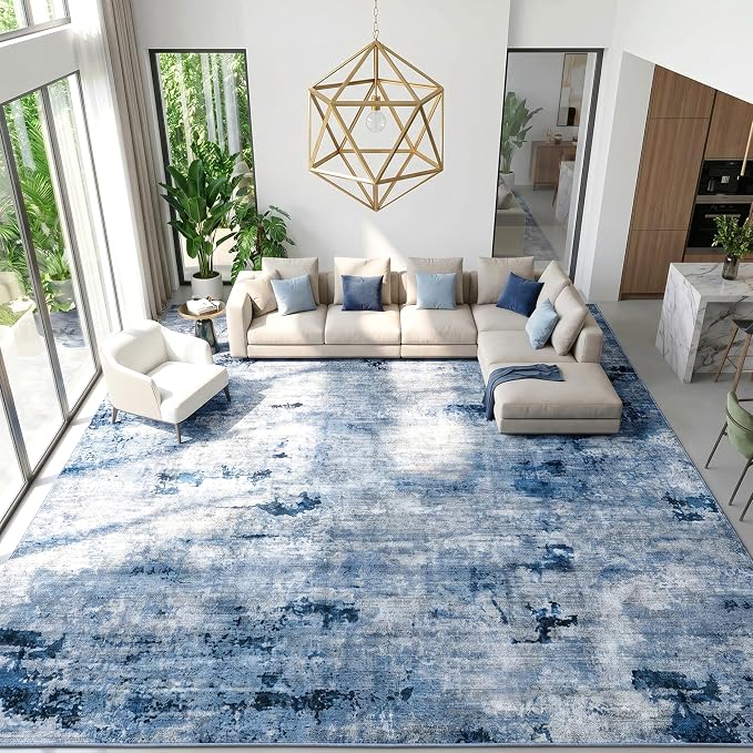 Washable Extra Large Area Rug for Living Room, 9'x12', Navy Blue | Pet & Kid Friendly, Water Stain Resistant, 0.3" Low Pile, Non-Slip Silicone-Grip Backing, Abstract Carpet