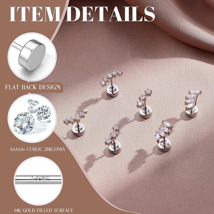 14K Gold Plated Solid 925 Sterling Silver Post Flat Back Earrings Stud | Cartilage Helix Conch Tragus Piercing Jewelry 3 Pairs Tiny Screw Dainty CZ Opal Earring Set Men Women