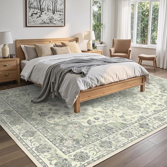 Green 5x7 Washable Area Rug, Non-Slip Soft Ultra-Thin Polyester Carpet with Vintage Stain Resistant Indoor Rug for Living Room, Bedroom, Dining Room, Nursery Oeko-TEX - Green
