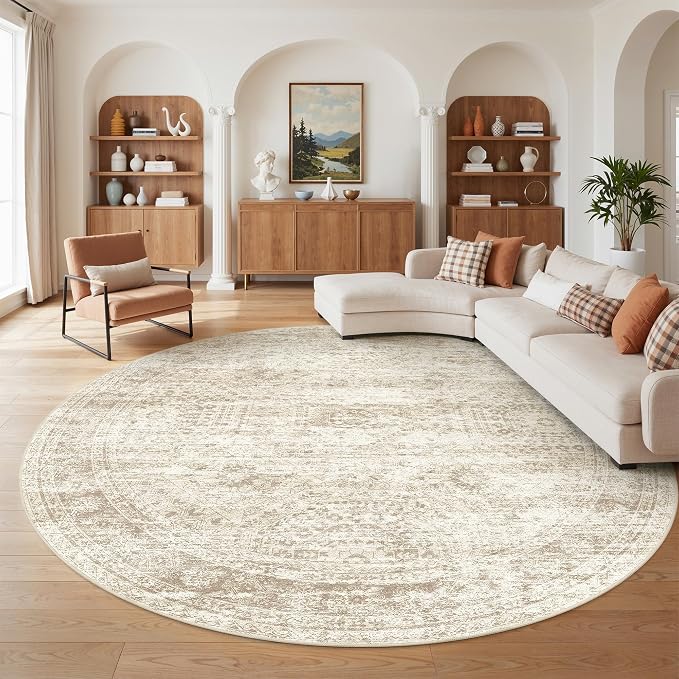 Round Rug 8ft,Circle Rug for Dining Room Table,Beige | Washable Rugs for Kitchen,Entryway,Bedroom,Dining Room,Nursery Room,Thin,Soft Runner Rug,Stain Resistant Indoor Carpet