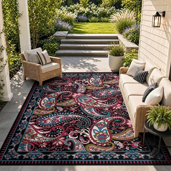 Arenarug Paisley Outdoor Rug Waterproof 4x6, UV Resistant Non Slip Patio Rug, Indoor Outdoor Boho Camping Rug Linen-Look RV Carpet for Deck Balcony Backyard, Magenta‌
