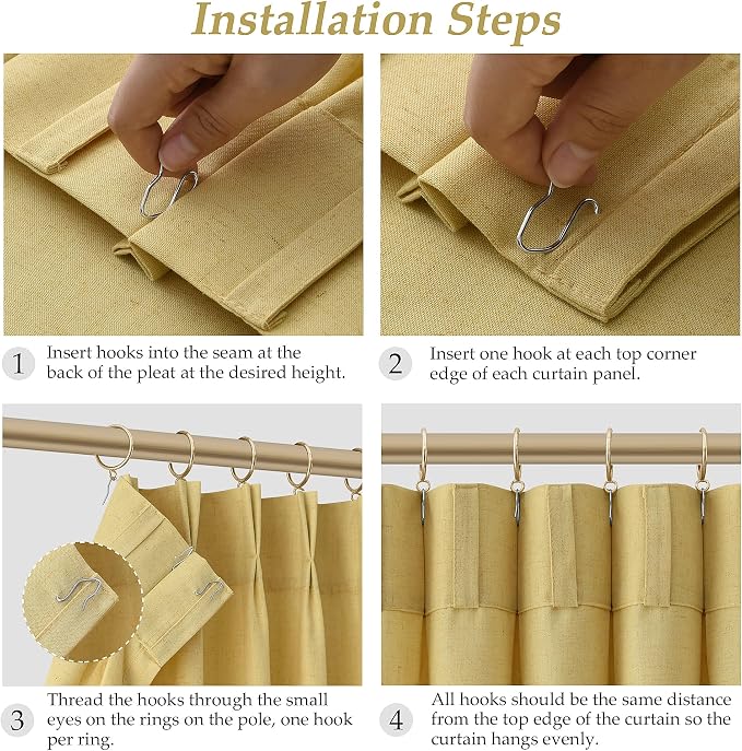 Yellow Pinch Pleated Linen Curtains 84 Inches Long 2 Panels Set Back Tab and Rod Pocket Living Room Curtain with Hooks Farmhouse Neutral Boho Light Filtering Drapes for Bedroom 40 Inch x 84 Inch