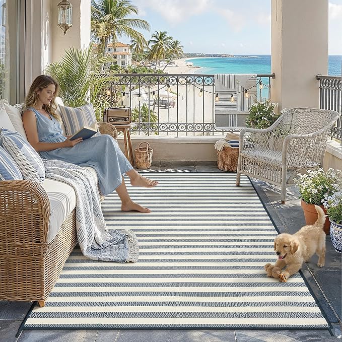 HUGEAR 6'x9' Outdoor Rug Waterproof Plastic Straw Rugs Blue Stripe Reversible Mat Floor Carpet for Camping RV Deck Entryance Porch Picnic Balcony Beach Backyard