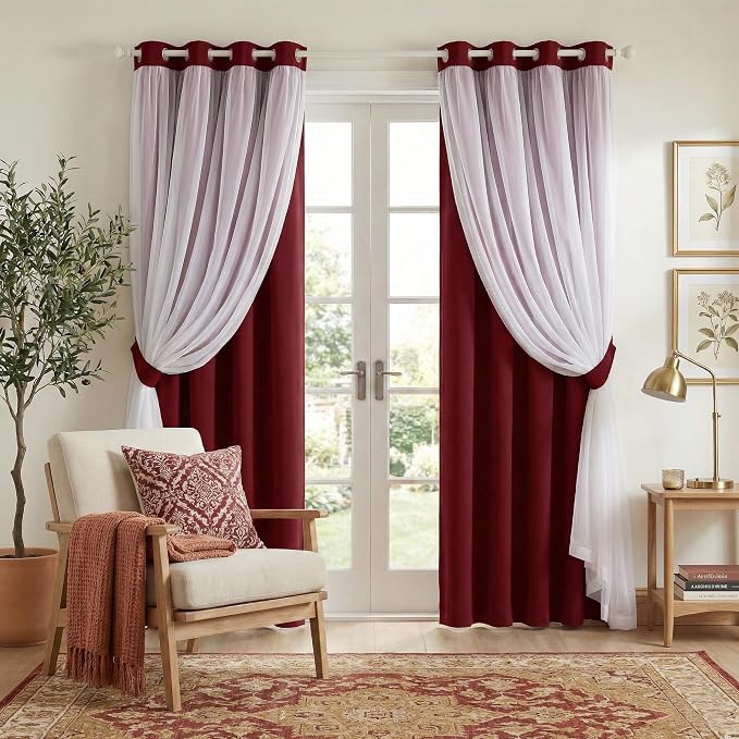 PONY DANCE Bedroom Curtains Decorative - Mix & Match Curtains for Home Decoration Window Drapes Elegant for Living Room/Bedroom, 52 by 84 inches, Red, Set of 2
