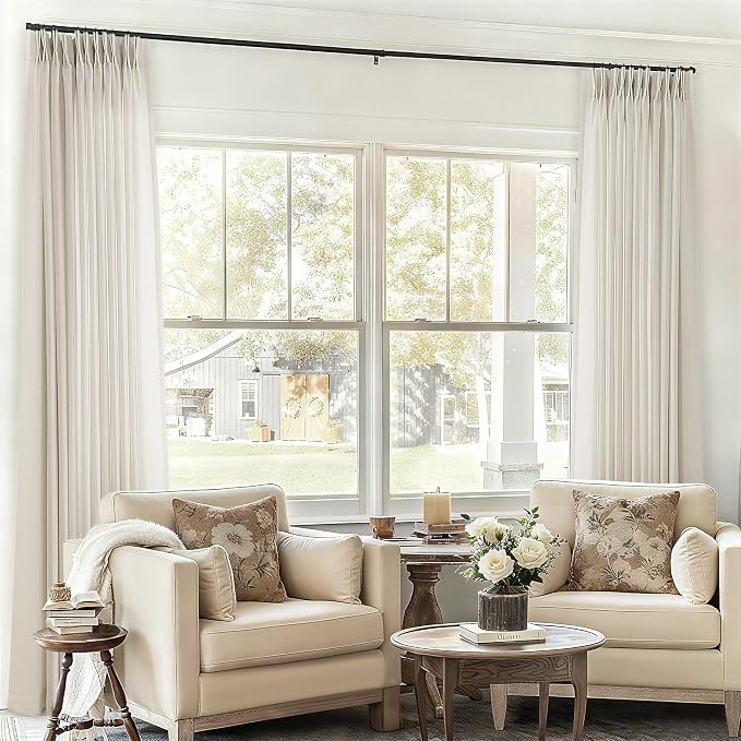 72 x 96 Inch Pinch Pleated Linen Curtains Greyish Beige Semi Sheer | Pleat Drapes, for Sliding Door Dining Bedroom Living Room Window, Curtains 96 Inch Length, 8Ft, 72x96, with Hooks Rings