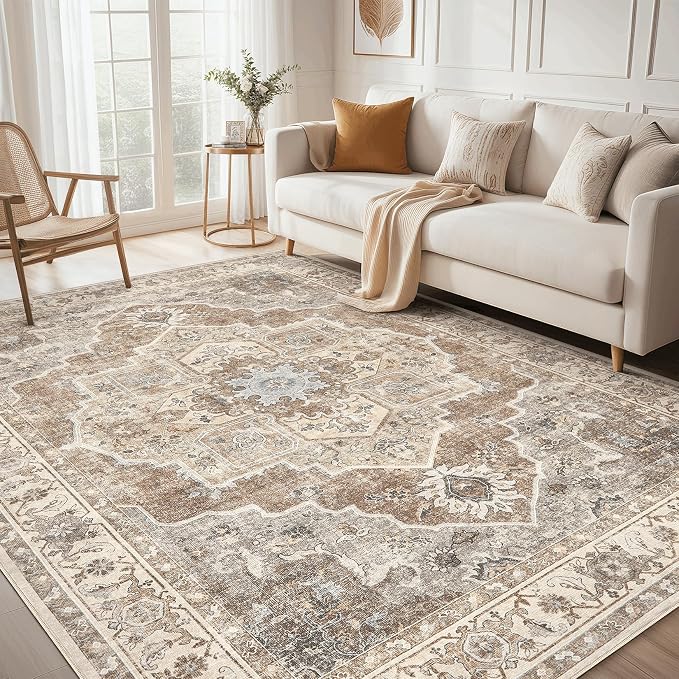 9x12 Washable Area Rug: Vintage Neutral Soft Non Slip Thin Large Floor Carpet for Living Room Bedroom Kitchen Dining Room Home Office Farmhouse Indoor - Beige Brown