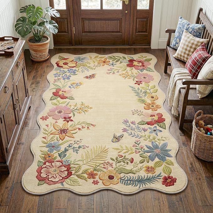 FMFUNCTEX 4x6 Washable Beige Floral Vintage Scalloped Area Rug for Entryway | Flower Colorful Traditional Boho Non Slip Low Pile Cottage Indoor Carpet Entrance Soft Rug Living Room Bedroom Kitchen Office
