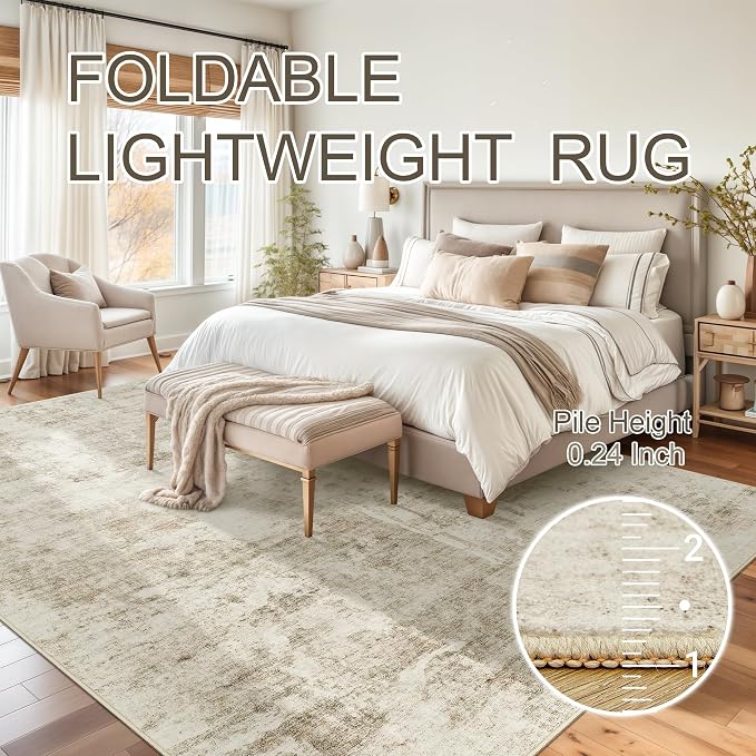 Soalmost 10x14 Area Rugs for Living Room, Non Slip Machine Washable Vintage Carpets, Low Pile Lightweight Large Rug for Bedroom, Dining Room, Home Office Beige Gray