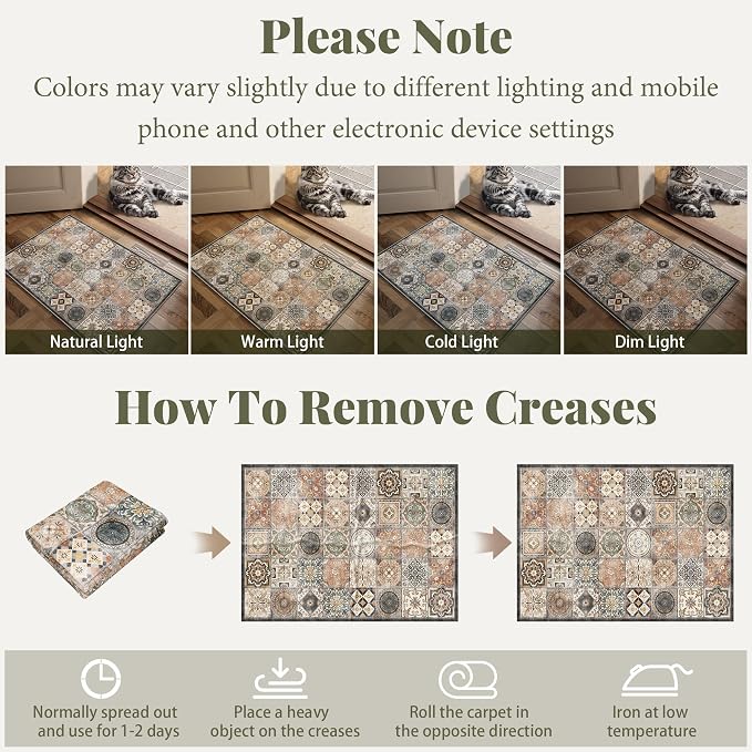Washable Entryway Rug 3'x5 Non-Slip Backing Vintage Indoor Rug Low Pile Lighrweight Carpet for High-Traffic Indoor Entrance & Kitchen Farmhouse Decor