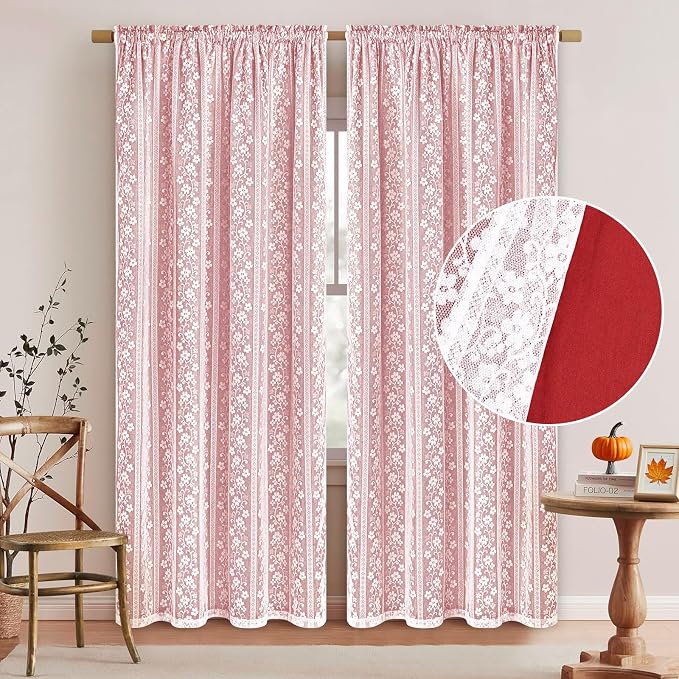 ASPMIZ Linen Curtains for Living Room Double Layers Curtains for Bedroom Farmhouse Window Curtain with Linen Lace, Red Curtain 84 Inch Length 2 Panels Set, Rod Pocket Drapes with 2 Tiebacks, 52x84