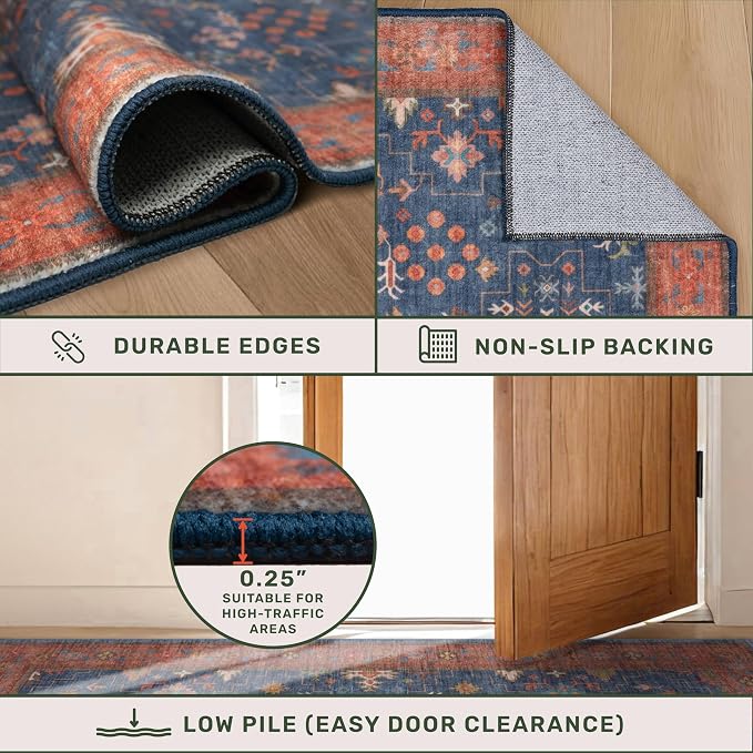 Hazo Haus Washable 3x20 Extra Long Hallway Runner Rug, Navy Blue Large Kitchen Floor Rug Indoor, Non-Slip Stain & Fade Resistant, Vintage Boho Floral Décor