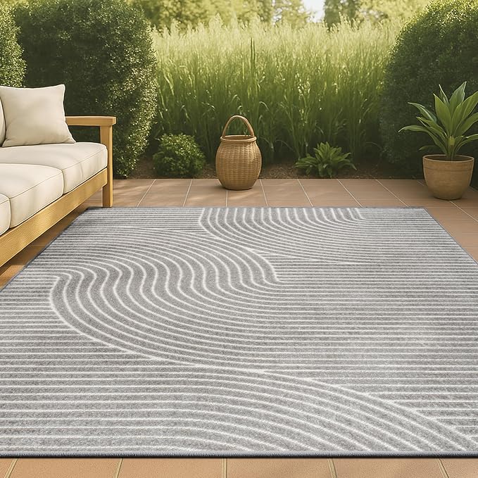 JONATHAN Y Hallie High-Low Curve Gray/Ivory Indoor/Outdoor Area Rug, 12x15, Minimalist, Pet Friendly, Non-Shedding, Stain Resistant, Hose-Washable for Backyard, Patio, Porch (SCN100A-15)