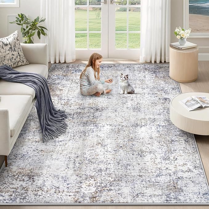 XLUEZ 5x7 Area Rugs for Living Room, Washable Modern Abstract Large Area Rug Neutral Soft Non Slip Kids Rug Stain Resistant Indoor Carpet for Bedroom Nursery Dining Room Playroom(Bluegrey, 5'x7')