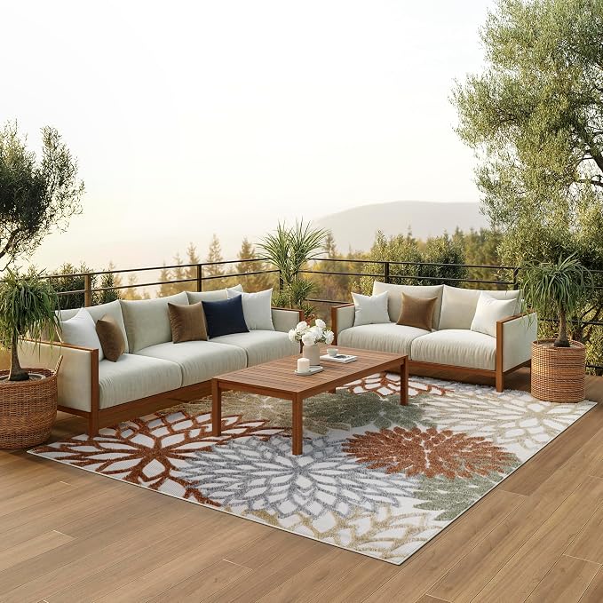 Nourison Home Aloha Indoor/Outdoor Ivory Multicolor 6' x 9' Area Rug, Easy Cleaning, Non Shedding, Bed Room, Living Room, Dining Room, Backyard, Deck, Patio (6x9)