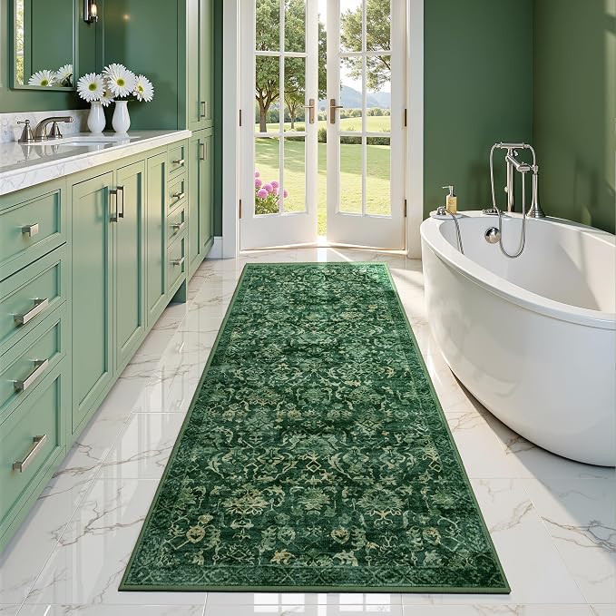Dark Green 2x5 Runner Rug for Hallways Bed Side Kitchen, Boho Washable Distressed Low-Pile Floor Entryway Long Bathroom Mat, Non-Slip Laundry Room Washstand Front Carpet Green 24x60 Inch