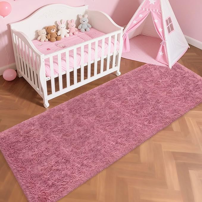Soft Runner Rug for Bedroom Living Room, 3x10 ft Fluffy Blush Pink Rug for Bedroom Girls Room, Washable Girls Fuzzy Rugs for Kids Room Bedside Nursery Dorm Pink Shag Carpet Runner for Hallway