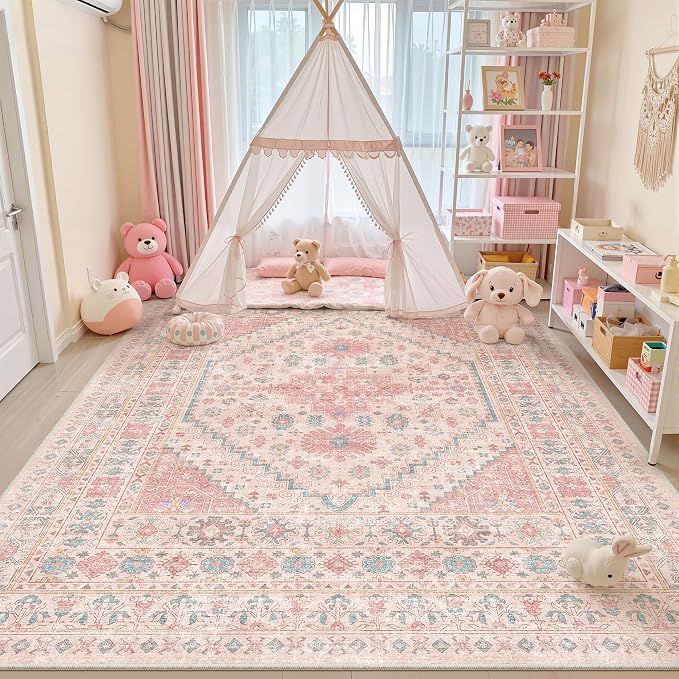 zesthome 9x12 Area Rugs for Girls Bedroom, Low Pile Machine Washable Rugs, Vintage Large Pink Rugs, Stain Resistant Nursery Room Rug, Baby Crawling Rug (Pink/Blue,9'x12')