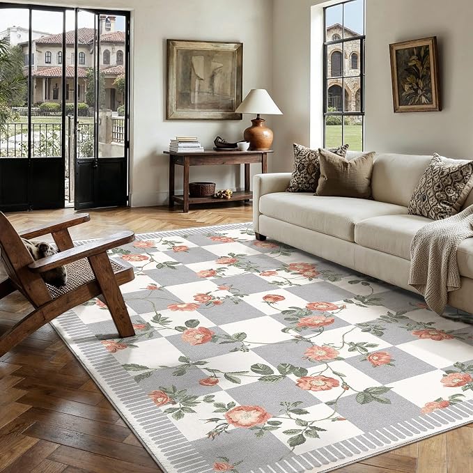 HUGEAR 6x9 Checkered Area Rugs Machine Washable Grey Living Room Rug Floral Print Non-Slip Stain Resistant Low Pile Indoor Throw Carpet for Bedroom Home Unique Aesthetic Modern Decor