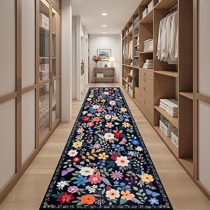 Runner Rug for Entryway: 2.6x14 Kitchen Rugs Non Slip Washable Ultra-Thin Soft Floral Carpet Indoor Floor Stain Resistant Carpets for Hallway Bedroom Kitchen Laundry Bathroom Dorm Black