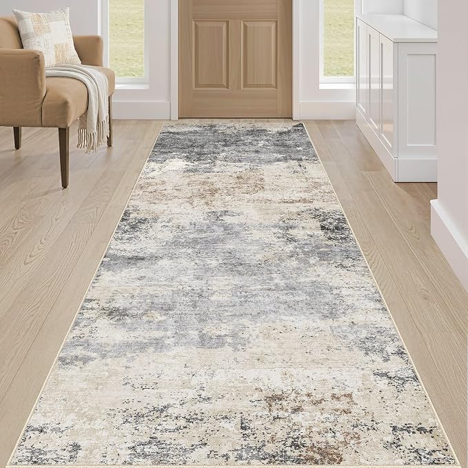 Runner Rug Kitchen Washable Rugs: 2x10 Non-Slip Abstract Soft Modern Stain Resistant Indoor Floor Neutral Accent Throw Carpet for Hallway Bathroom Laundry Room Entryway Bedroom- Grey Brown