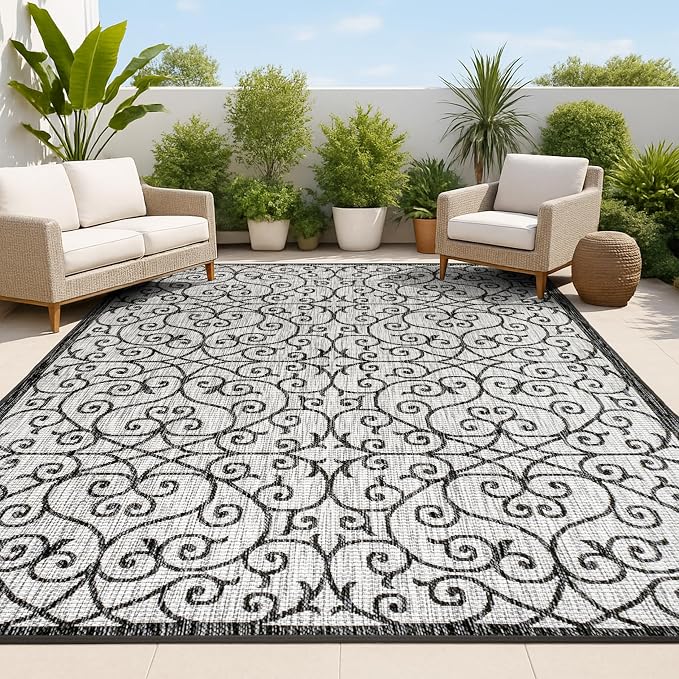 JONATHAN Y Vintage Filigree Indoor Outdoor Area Rug 3X5 Light Gray/Black, Madrid Textured Weave for Backyard, Patio, Porch, Easy-Cleaning, High Traffic, Pet-Friendly, Non-Shedding (SMB107E-3)
