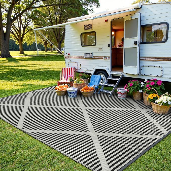 Lahome 6x9 Outdoor Plastic Straw Rug, Plastic Straw Reversible Camping Rug for Tent, Large Weatherproof Outside Carpet for Rv Beach Backyard Balcony Deck, Grey 6'x9'