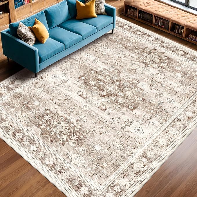 Beige Boho Rug for Living Room 8x12 - Washable Dining Room Rugs for Under Table, Vintage Low Pile Carpet for Bedroom, Non-Slip Farmhouse Large Thin Carpet for High Traffic Area (8x12 Beige/Latte)