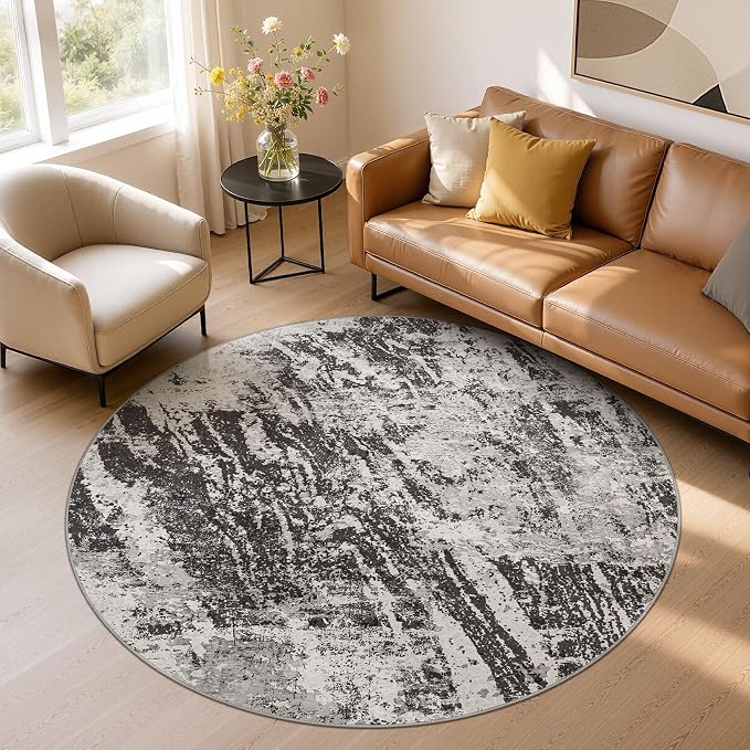 DMOYEST 6ft Round Washable Area Rug for Living Room: Modern Abstract Neutral Circle Carpet, 6x6 Soft Low Pile Non-Slip Floor Mat for Bedroom Under Dining Table, Kids & Pet - Black