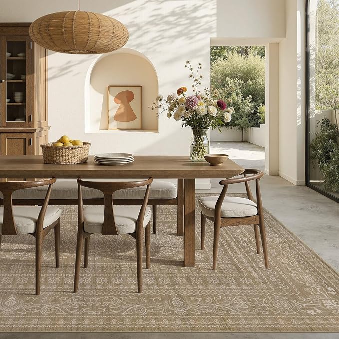 Nakagishi 7x9 Area Rugs Living Room: Washable Large Vintage Rug Neutral Non-Slip Soft Stain Resistant Indoor Carpet for Bedroom Nursery Dining Room Office Playroom - Dark Brown