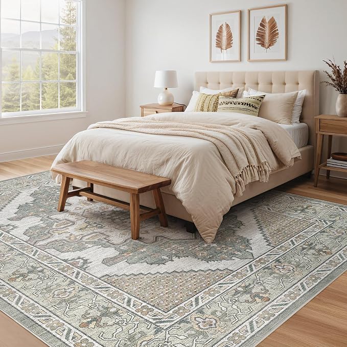 Tortania Area Rug Living Room Rugs - 12x15 Washable Boho Rug Vintage Oriental Distressed Farmhouse Large Thin Indoor Carpet for Living Room Bedroom Under Dining Table Home Office - Sage Green