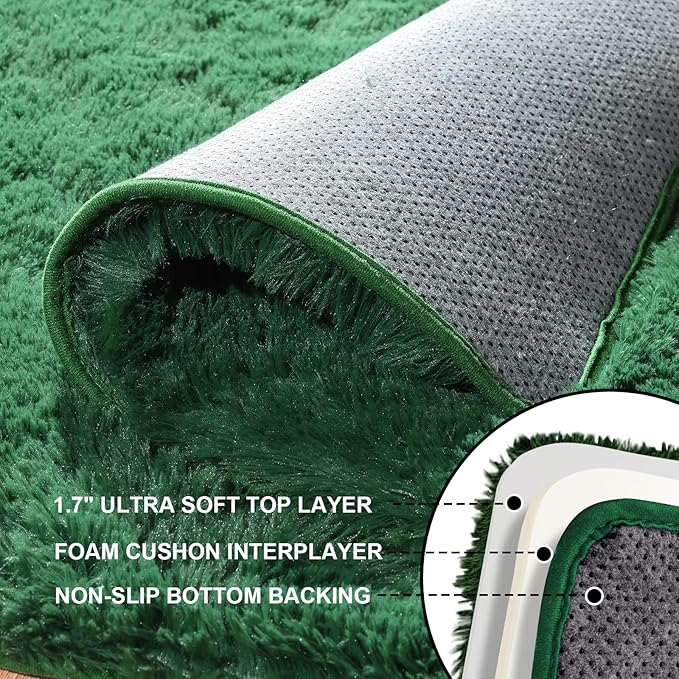 Dark Green Rugs for Bedroom, 4x6 Fluffy Area Rugs for Living Room, Small Fuzzy Shag Soft Non-Slip Carpet for Kids Girls and Boys Nursery Dorm Indoor Room Home Decor (4ft X 6ft, Dark Green)