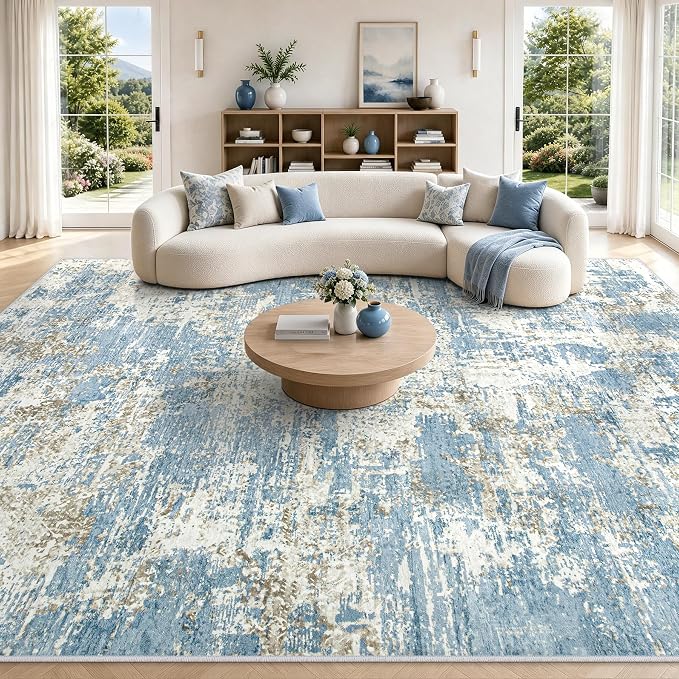 9x12 Area Rugs Living Room Rug Modern Abstract Neutral Washable Rugs Non Slip Soft Carpet Large Area Rug Low Pile Stain Resistant Non Shedding for Bedroom Nursery Dining Room Home Office Blue