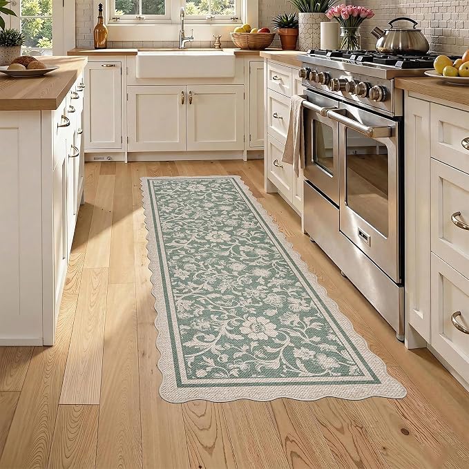 ORTIGIA Scalloped Easy Jute 2x6 Kitchen Runner Rug Vintage Green Floral Farmhouse Washable Rug Non-Slip Outdoor Carpet for Entryway Indoor Hallway Patio Laundry Room