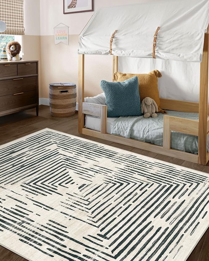 BLISSA 3x5 Washable Area Rug - Modern Entry Rug Non-Slip Ultra-Thin Soft Black White Lines Borderd Abstract Bedside Throw Rug for Entryway Kitchen Bedroom Bathroom Dorm Nursery Home Decor