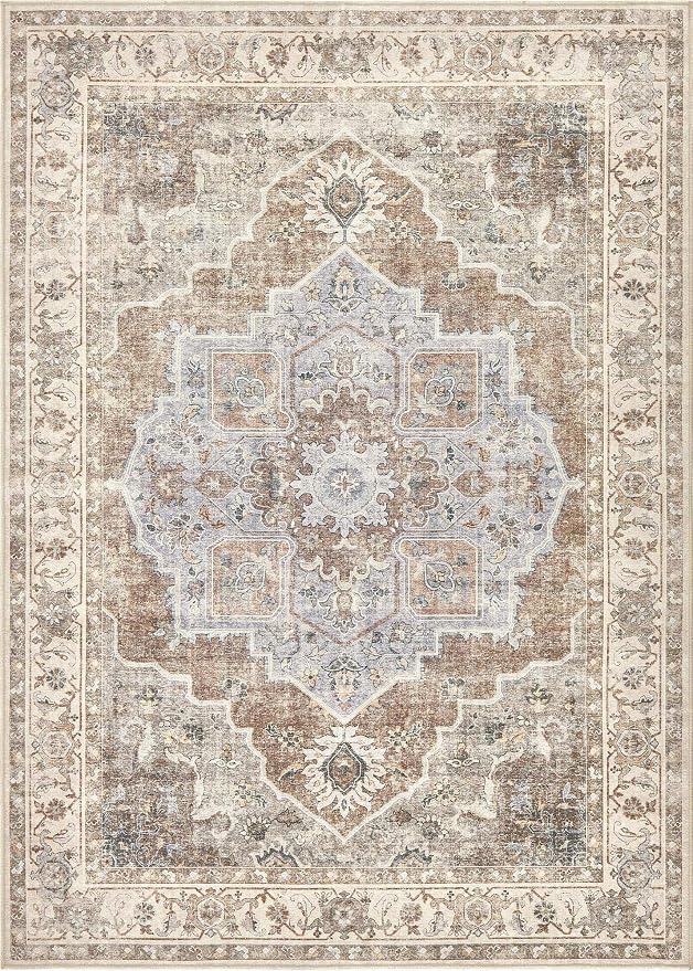 6x9 Washable Area Rug: Vintage Neutral Soft Non Slip Thin Large Floor Carpet for Living Room Bedroom Kitchen Dining Room Home Office Farmhouse Indoor - Grey Brown