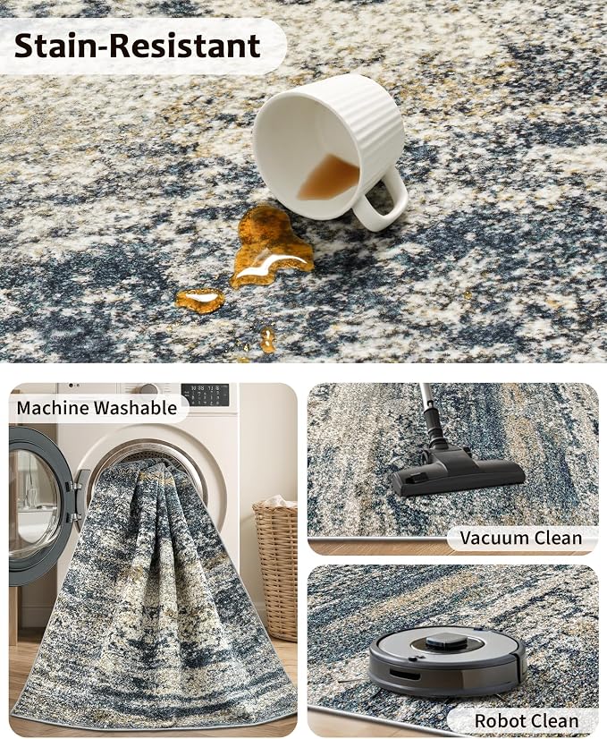 Art&Tuft Washable Rug 3x5, Anti-Slip Backing Abstract 3x5 Rug, Stain Resistant Rugs for Living Room, Foldable Machine Washable Area Rug (3'x5', Navy)